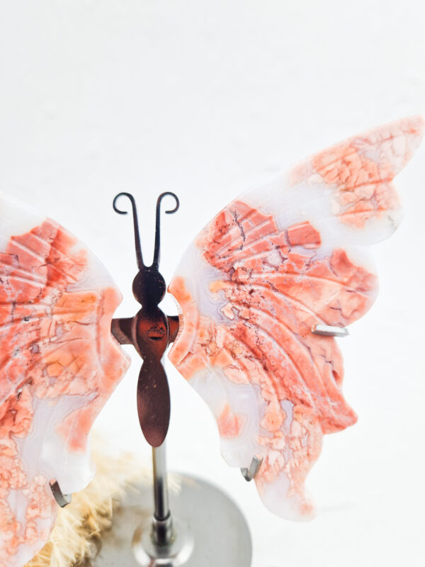 Roze agaat vlinder op standaard (candy cane agaat)